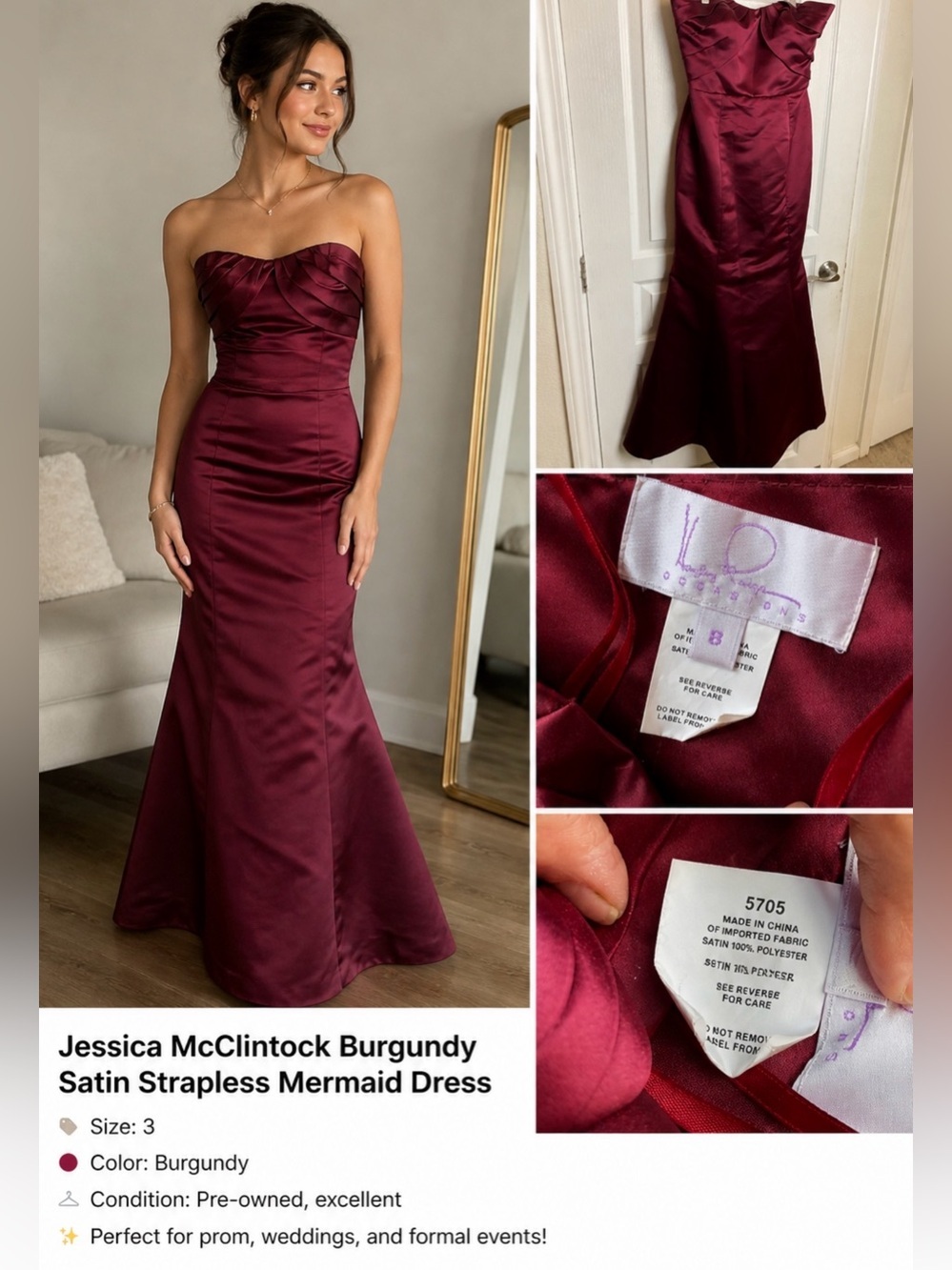 Jessica McClintock Burgundy Satin Strapless Mermaid Formal Dress Size 3
